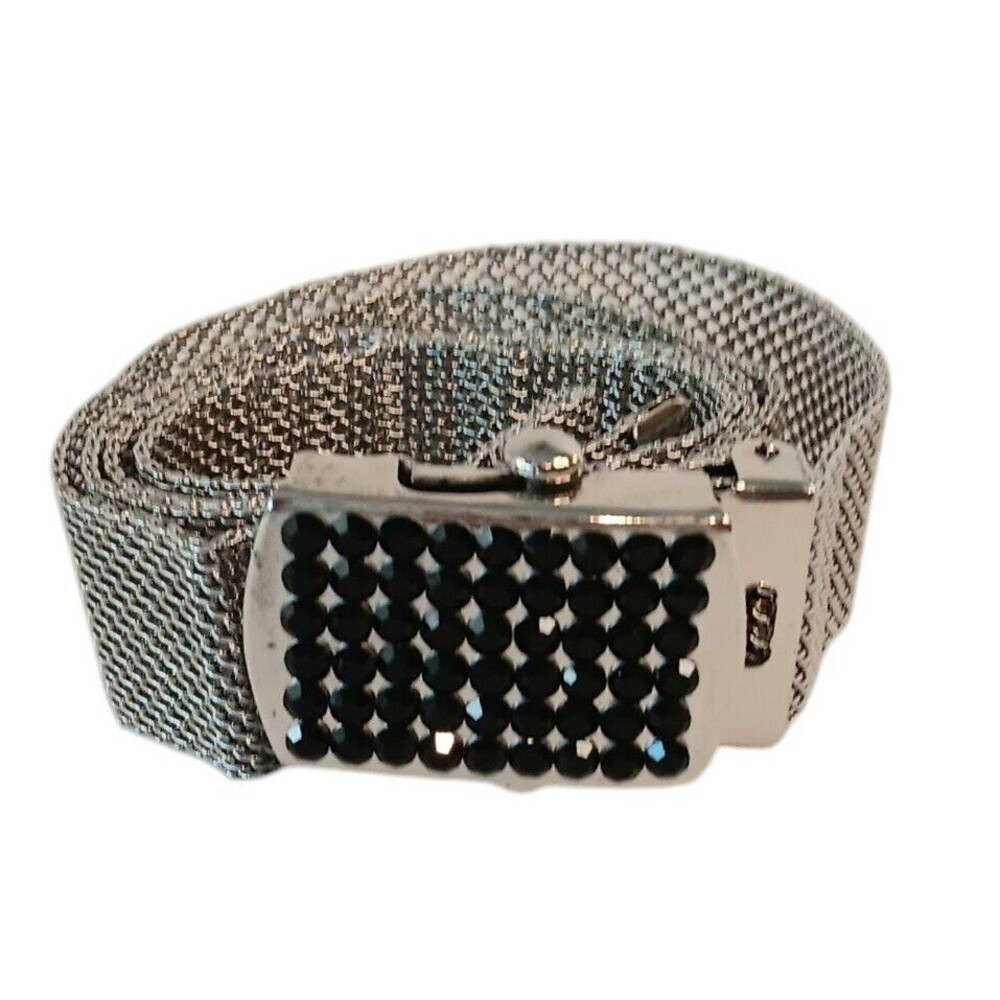 Vintage Silver Metal Mesh Belt Black Sparkling Slide  Thru Buckle Size Small 28"